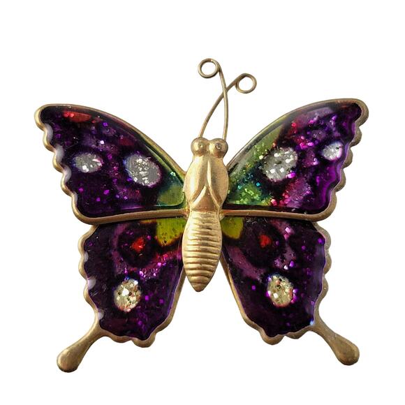 Vintage Enamel Butterfly Brooch Pin, Purple Green Glitter Accents, 1.5 Inch - Picture 1 of 6